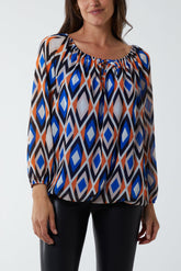Royal Blue Diamond Print Blouse For Women ONE SIZE - Dropwear